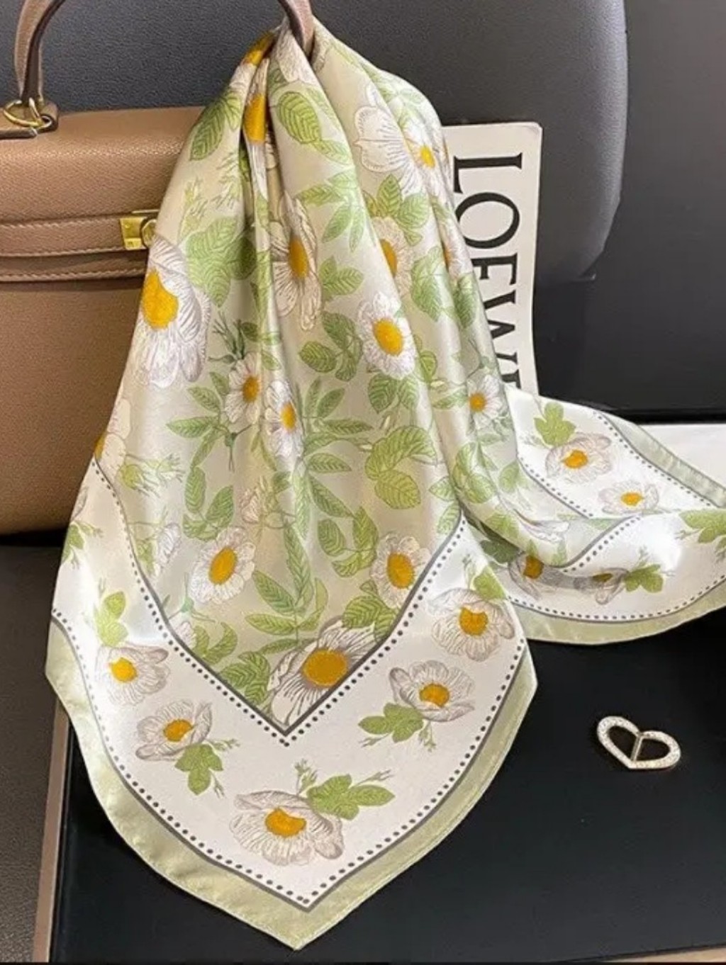 Cream Silk Scarf With Green Leaves And Yellow Daisies